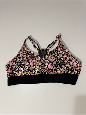 Active USA Floral Racerback Sports Bra - Black with Pink & Yellow Flowers